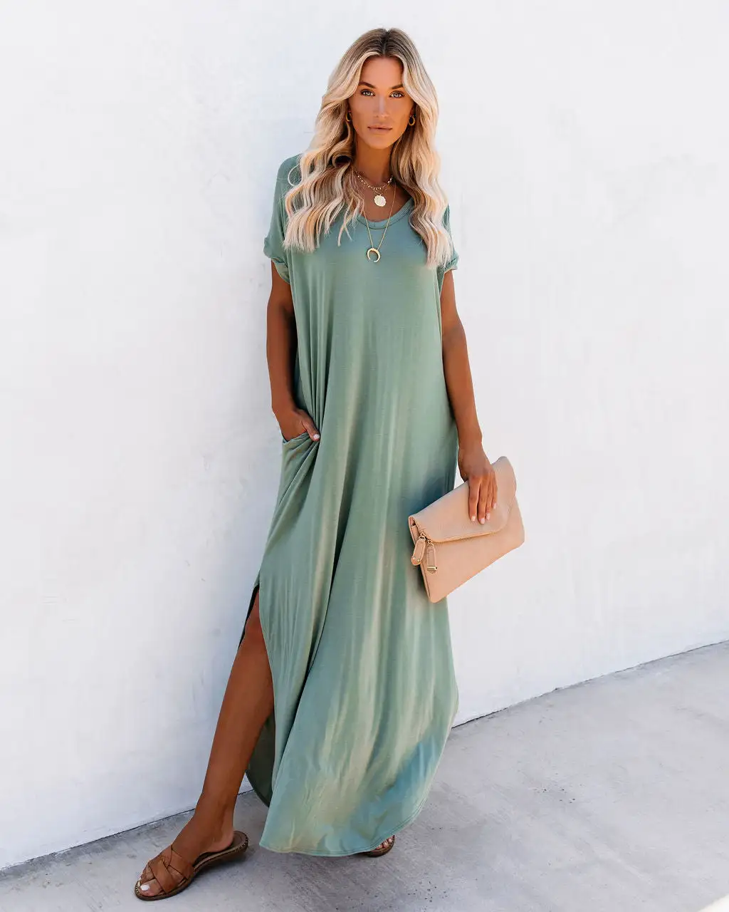 VANI-001 Farmers Market Pocketed Modal Maxi Dress - Dark Sage 1 VANI-001 Farmers Market Pocketed Modal Maxi Dress - Dark Sage