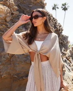 Ryann Front Tie Wide Sleeve Crop Top - Latte