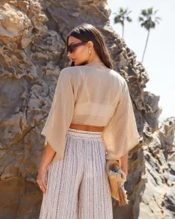 Ryann Front Tie Wide Sleeve Crop Top - Latte -clothes Sales feelthebreezeprintedslitpantscreamandryannfronttiewidesleevecroptoplatte68