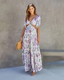 ACOA-001 Floral Paradise Satin Cutout Maxi Dress