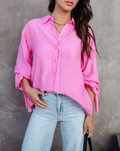 Full Of Surprises Back Tie Button Down Top - Bubble Gum Pink - SALE
