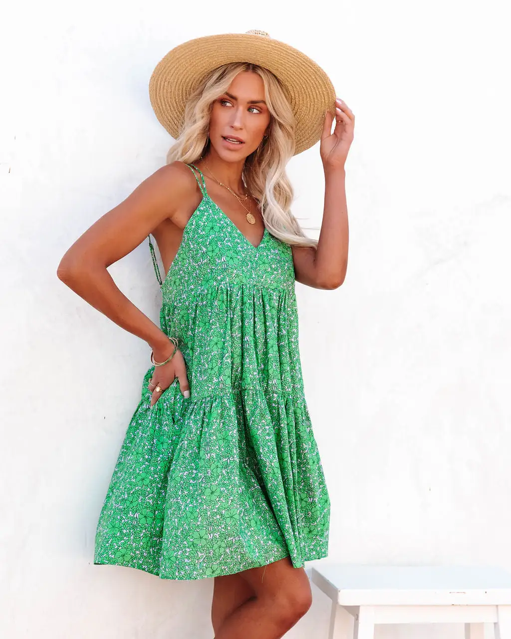 Gauri Cotton Pocketed Floral Babydoll Dress - Emerald - FINAL SALE 5 Gauri Cotton Pocketed Floral Babydoll Dress - Emerald - FINAL SALE - Image 5