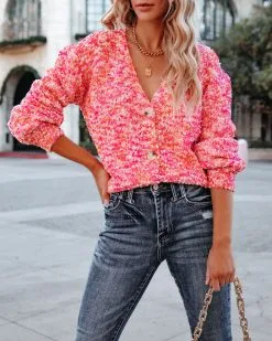 Good Mood Button Front Crop Knit Cardigan - Pink Multi - FINAL SALE -clothes Sales goodmoodbuttonfrontcropknitcardiganpinkmulti22