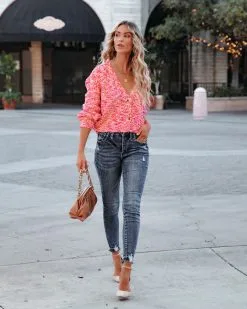 Good Mood Button Front Crop Knit Cardigan - Pink Multi - FINAL SALE -clothes Sales goodmoodbuttonfrontcropknitcardiganpinkmulti4