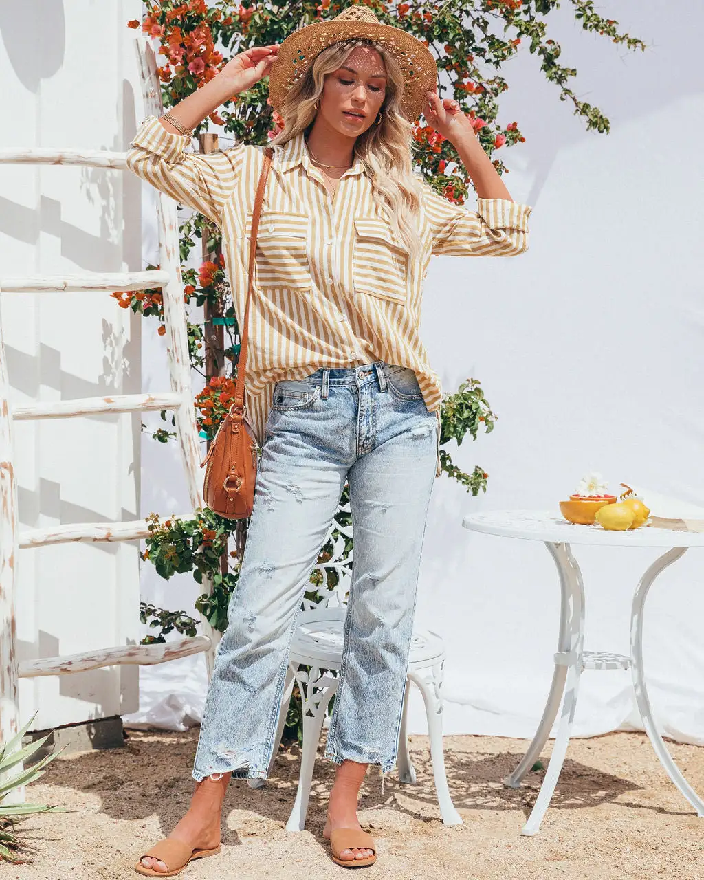 Greenport Cotton Blend Striped Button Down Top - Dijon 8 Greenport Cotton Blend Striped Button Down Top - Dijon - Image 8