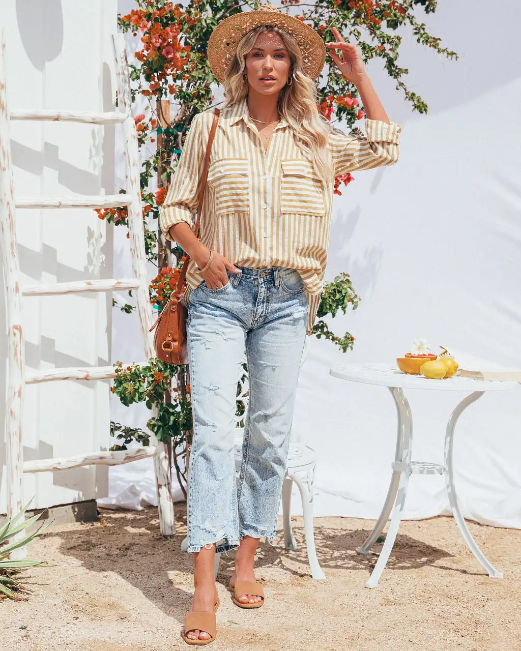 Greenport Cotton Blend Striped Button Down Top - Dijon 10 Greenport Cotton Blend Striped Button Down Top - Dijon - Image 10