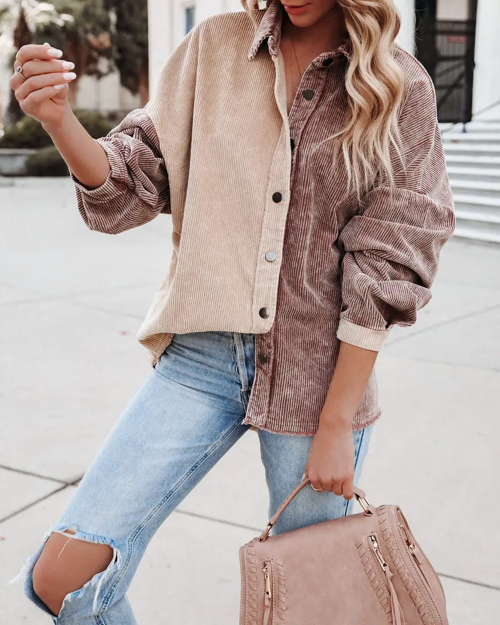 Gus Cotton Colorblock Corduroy Shacket - Chocolate Beige - FINAL SALE 3 Gus Cotton Colorblock Corduroy Shacket - Chocolate Beige - FINAL SALE - Image 3