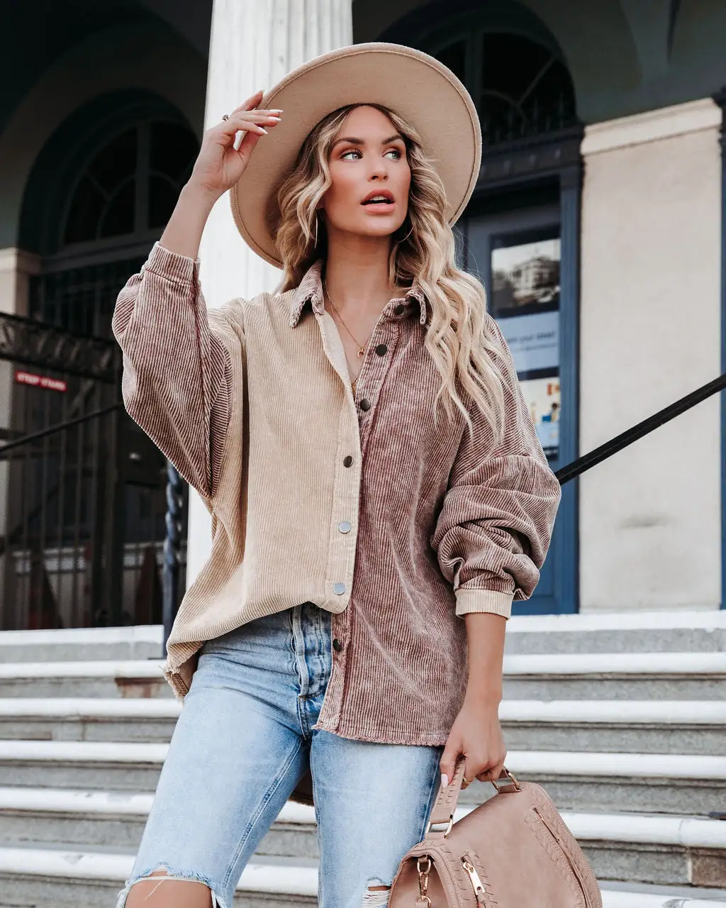 Gus Cotton Colorblock Corduroy Shacket - Chocolate Beige - FINAL SALE 1 Gus Cotton Colorblock Corduroy Shacket - Chocolate Beige - FINAL SALE