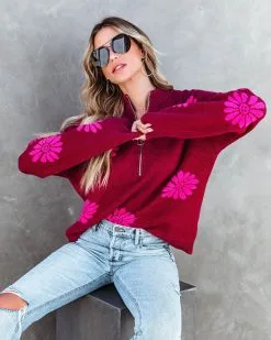 Happy As A Daisy Half Zip Pullover Sweater - FINAL SALE