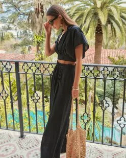 AAKA-001 Harmoni Paper Bag Waist Pocketed Pants - Black -clothes Sales harmonicallaredtopandpaperbagwaistpantsblack82600229