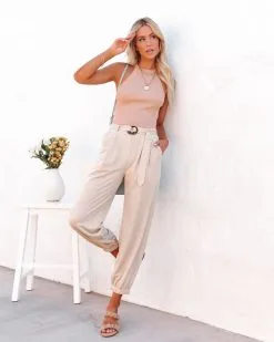 Ilana High Rise Pocketed Belted Trousers - Champagne - FINAL SALE