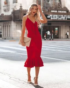 Impeccable Tie Front Ruffle Midi Dress - Red - FINAL SALE