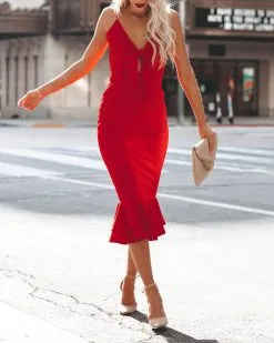 Impeccable Tie Front Ruffle Midi Dress - Red - FINAL SALE 11 Impeccable Tie Front Ruffle Midi Dress - Red - FINAL SALE -clothes Sales impeccabletiefrontrufflemididressred2