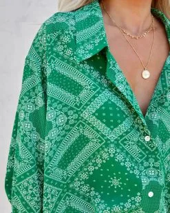 In Luck Printed Button Down Blouse - Green - FINAL SALE 10 In Luck Printed Button Down Blouse - Green - FINAL SALE -clothes Sales inluckprintedbuttondownblousegreen23