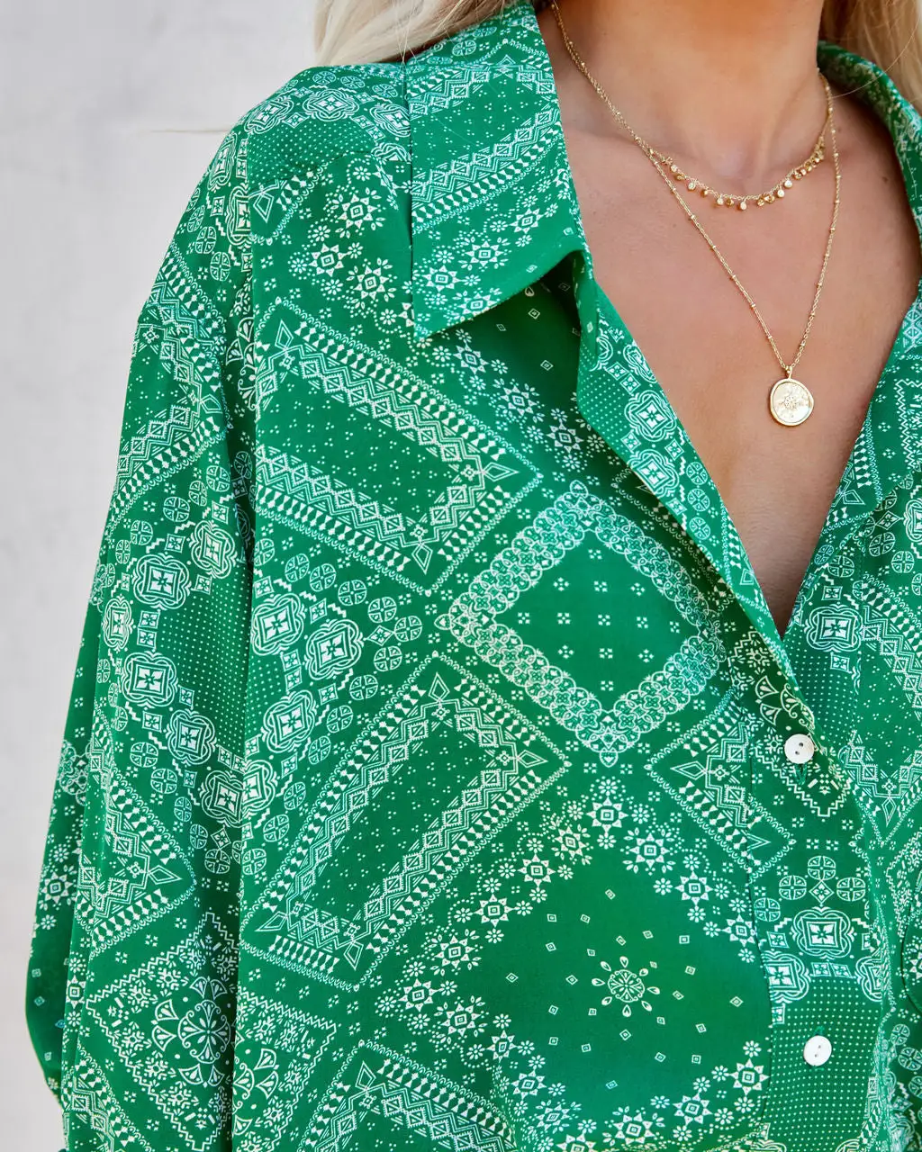 In Luck Printed Button Down Blouse - Green - FINAL SALE 4 In Luck Printed Button Down Blouse - Green - FINAL SALE - Image 4