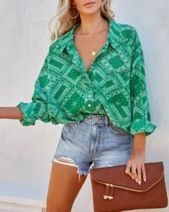 In Luck Printed Button Down Blouse - Green - FINAL SALE 11 In Luck Printed Button Down Blouse - Green - FINAL SALE -clothes Sales inluckprintedbuttondownblousegreen25