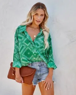 In Luck Printed Button Down Blouse - Green - FINAL SALE