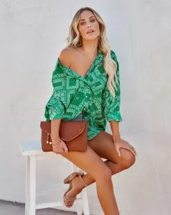 In Luck Printed Button Down Blouse - Green - FINAL SALE 12 In Luck Printed Button Down Blouse - Green - FINAL SALE -clothes Sales inluckprintedbuttondownblousegreen47