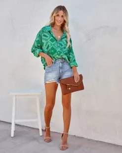 In Luck Printed Button Down Blouse - Green - FINAL SALE 9 In Luck Printed Button Down Blouse - Green - FINAL SALE -clothes Sales inluckprintedbuttondownblousegreen9