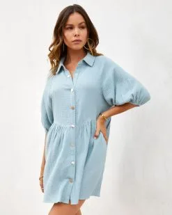 Irina Cotton Puff Sleeve Mini Dress - Light Blue 11 Irina Cotton Puff Sleeve Mini Dress - Light Blue -clothes Sales irinacottonpuffsleeveminidresslightblue471