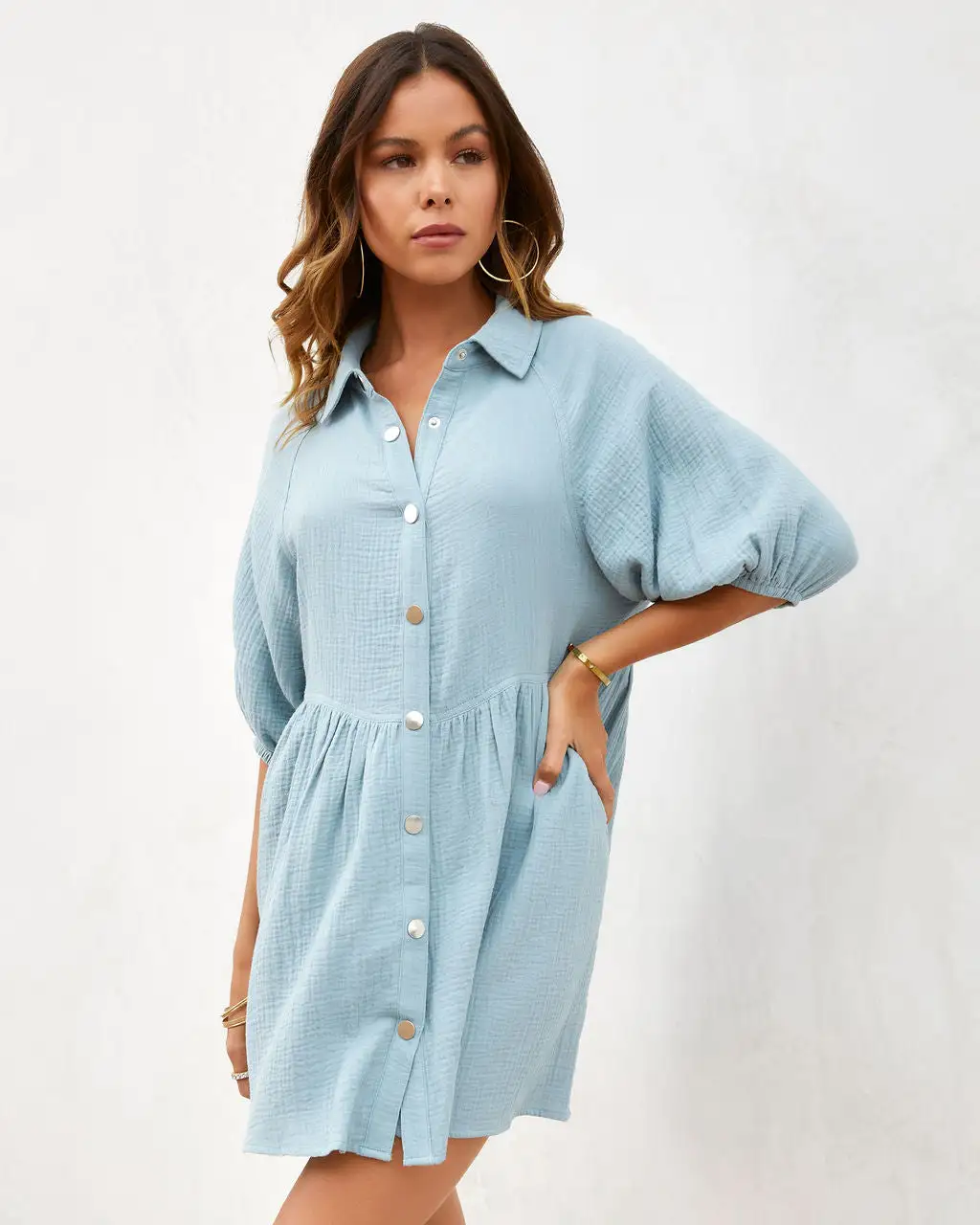 Irina Cotton Puff Sleeve Mini Dress - Light Blue 6 Irina Cotton Puff Sleeve Mini Dress - Light Blue - Image 6