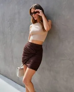 FORE-001 Jamie Ruched Twisted Front Mini Skirt - Chocolate -clothes Sales jamieribbedtwistedfrontminiskirtchocolate135