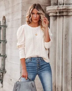 Jennah Puff Sleeve Cable Knit Top - Cream - FLASH FINAL SALE -clothes Sales jennahpuffsleevecableknittopcream32