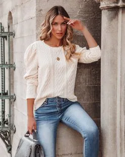 Jennah Puff Sleeve Cable Knit Top - Cream - FLASH FINAL SALE