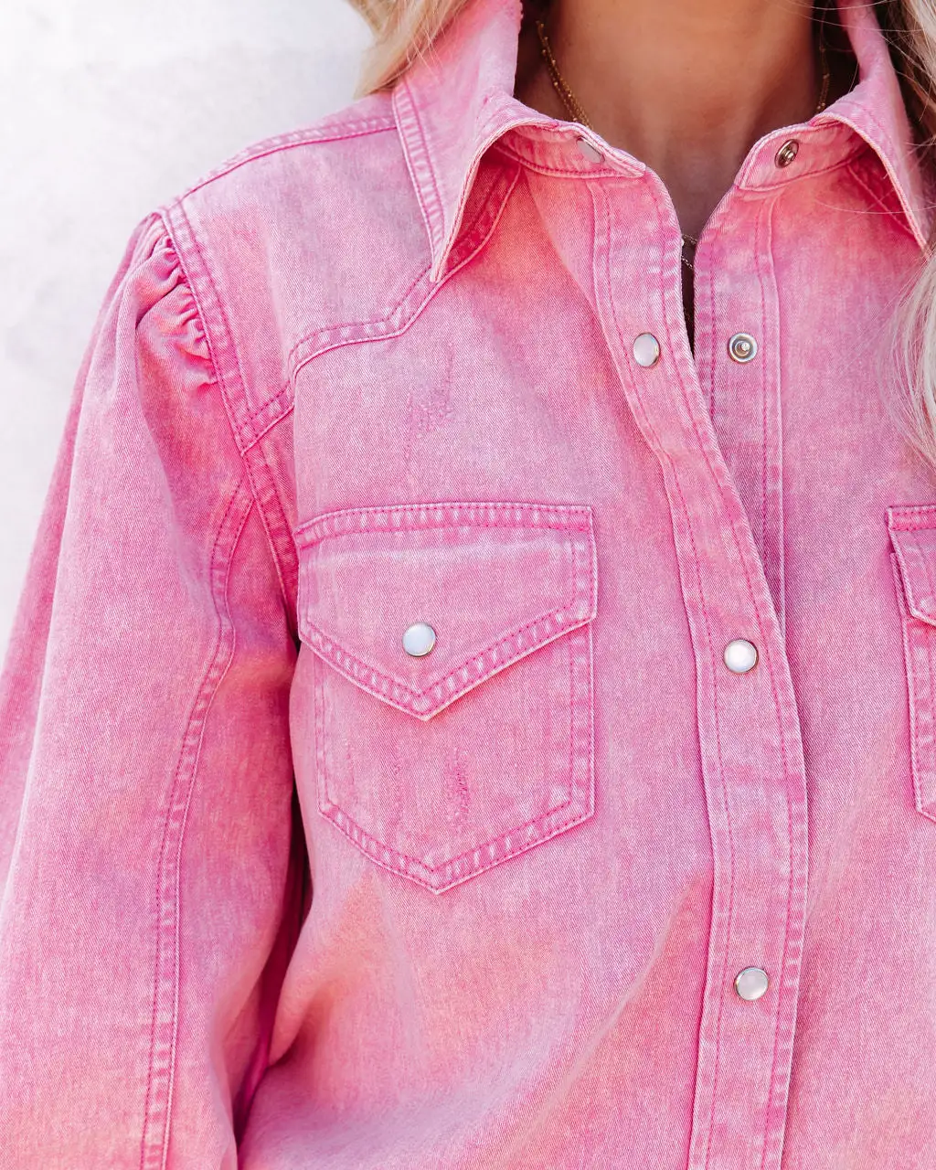 Jiana Distressed Denim Button Down Top - Pink - FINAL SALE 4 Jiana Distressed Denim Button Down Top - Pink - FINAL SALE - Image 4