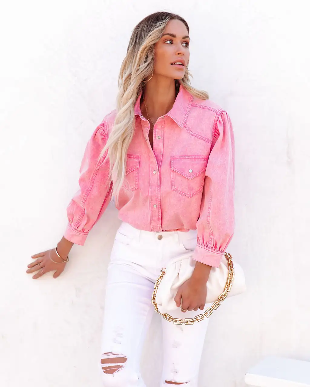 Jiana Distressed Denim Button Down Top - Pink - FINAL SALE 7 Jiana Distressed Denim Button Down Top - Pink - FINAL SALE - Image 7