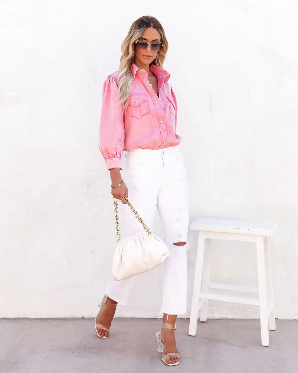 Jiana Distressed Denim Button Down Top - Pink - FINAL SALE 6 Jiana Distressed Denim Button Down Top - Pink - FINAL SALE - Image 6