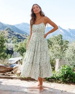 Jocelynn Floral Tiered Shoulder Tie Maxi Dress - Sage