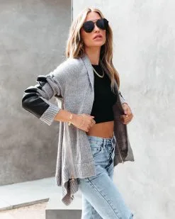 FATE-001 Joyce Faux Leather Contrast Zip Cardigan - FINAL SALE -clothes Sales joycefauxleathercontrastzipcardigan133