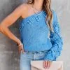 Juniper One Shoulder Knit Pom Sweater - Blue - FINAL SALE