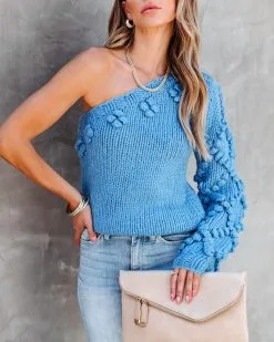 Juniper One Shoulder Knit Pom Sweater - Blue - FINAL SALE