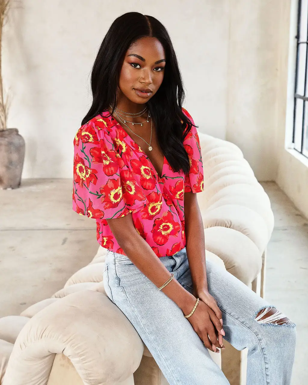 SALT-001 Kaliana Floral Flutter Sleeve Bodysuit - FINAL SALE 1 SALT-001 Kaliana Floral Flutter Sleeve Bodysuit - FINAL SALE