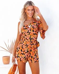 Kalila Floral One Shoulder Tie Romper - Black Multi - FINAL SALE -clothes Sales kalilafloraloneshouldertieromperblackmulti73