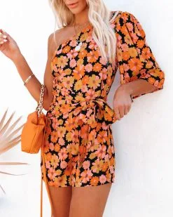 Kalila Floral One Shoulder Tie Romper - Black Multi - FINAL SALE -clothes Sales kalilafloraloneshouldertieromperblackmulti99