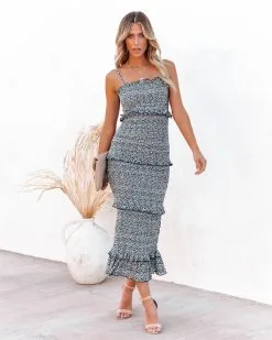 Kristy Floral Smocked Ruffle Midi Dress - Navy - FINAL SALE -clothes Sales kristyfloralsmockedrufflemididressnavy16