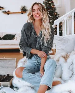 Layth Cotton Mineral Wash Crop Henley Top - Charcoal - FINAL SALE -clothes Sales laythcottonmineralwashcrophenleytopcharcoal6