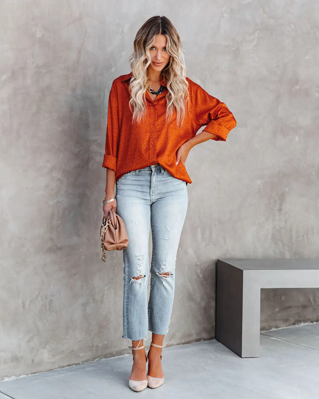 DEE-001 Layton Satin Embossed Button Down Blouse - Rust - FINAL SALE 6 DEE-001 Layton Satin Embossed Button Down Blouse - Rust - FINAL SALE - Image 6