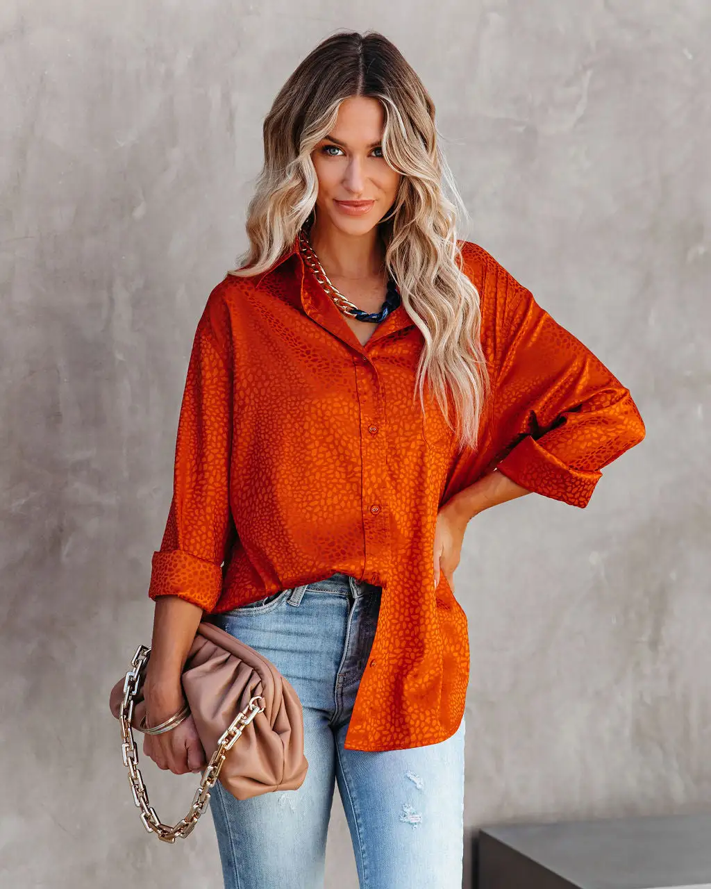 DEE-001 Layton Satin Embossed Button Down Blouse - Rust - FINAL SALE 12 DEE-001 Layton Satin Embossed Button Down Blouse - Rust - FINAL SALE - Image 12