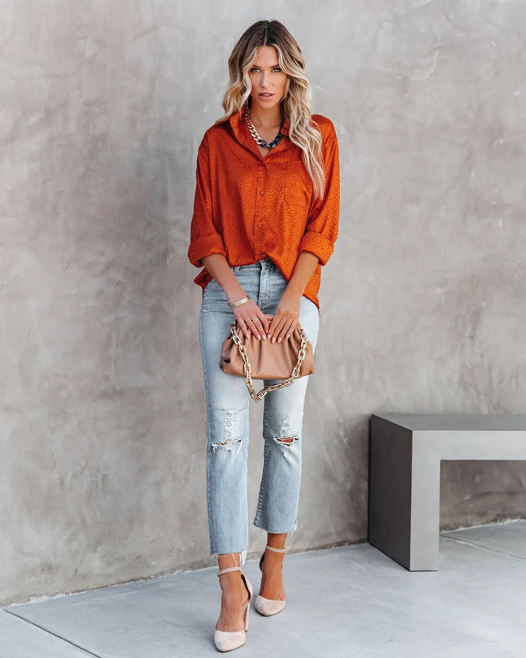 DEE-001 Layton Satin Embossed Button Down Blouse - Rust - FINAL SALE 7 DEE-001 Layton Satin Embossed Button Down Blouse - Rust - FINAL SALE - Image 7