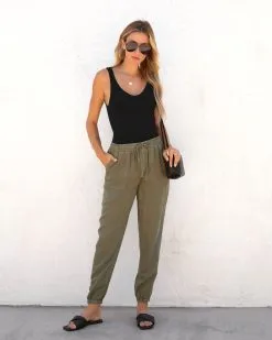 THRE-001 Leap Of Fate Pocketed Tencel Joggers - Olive - FINAL SALE