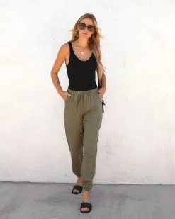 THRE-001 Leap Of Fate Pocketed Tencel Joggers - Olive - FINAL SALE -clothes Sales leapoffatepocketedtenceljoggerpantsolive84