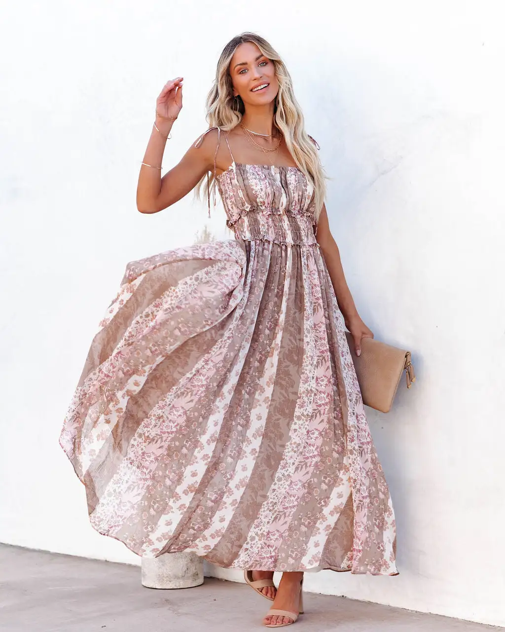 Lilyanne Floral Smocked Tie Strap Maxi Dress - Blush Multi - LAST CHANCE 3 Lilyanne Floral Smocked Tie Strap Maxi Dress - Blush Multi - LAST CHANCE - Image 3