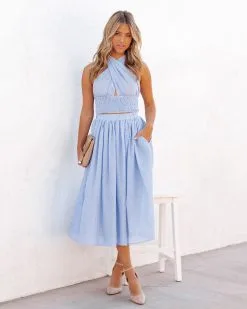 FLAW-001 Lisa Cotton Blend Pocketed Midi Skirt - Blue - FINAL SALE