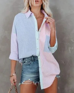 Logan Cotton Blend Colorblock Button Down Top