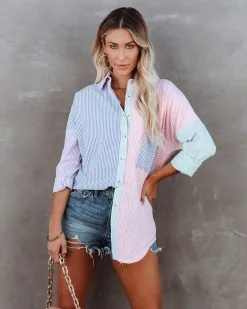 Logan Cotton Blend Colorblock Button Down Top -clothes Sales logancottonblendcolorblockbuttondowntop38