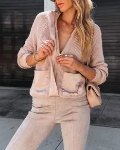 Looking Like A Million Knit Pocketed Satin Zip Up Sweater - Taupe - FINAL SALE